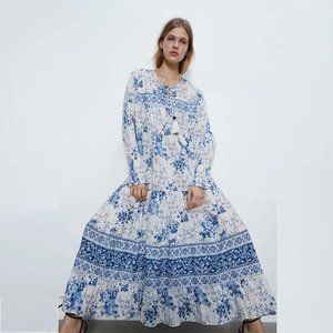 ZARA White & Blue Floral Print Ruffle Maxi Dress Size: S